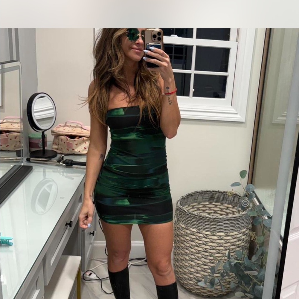 White Fox Boutique Emerald and Black Strapless Mini Dress